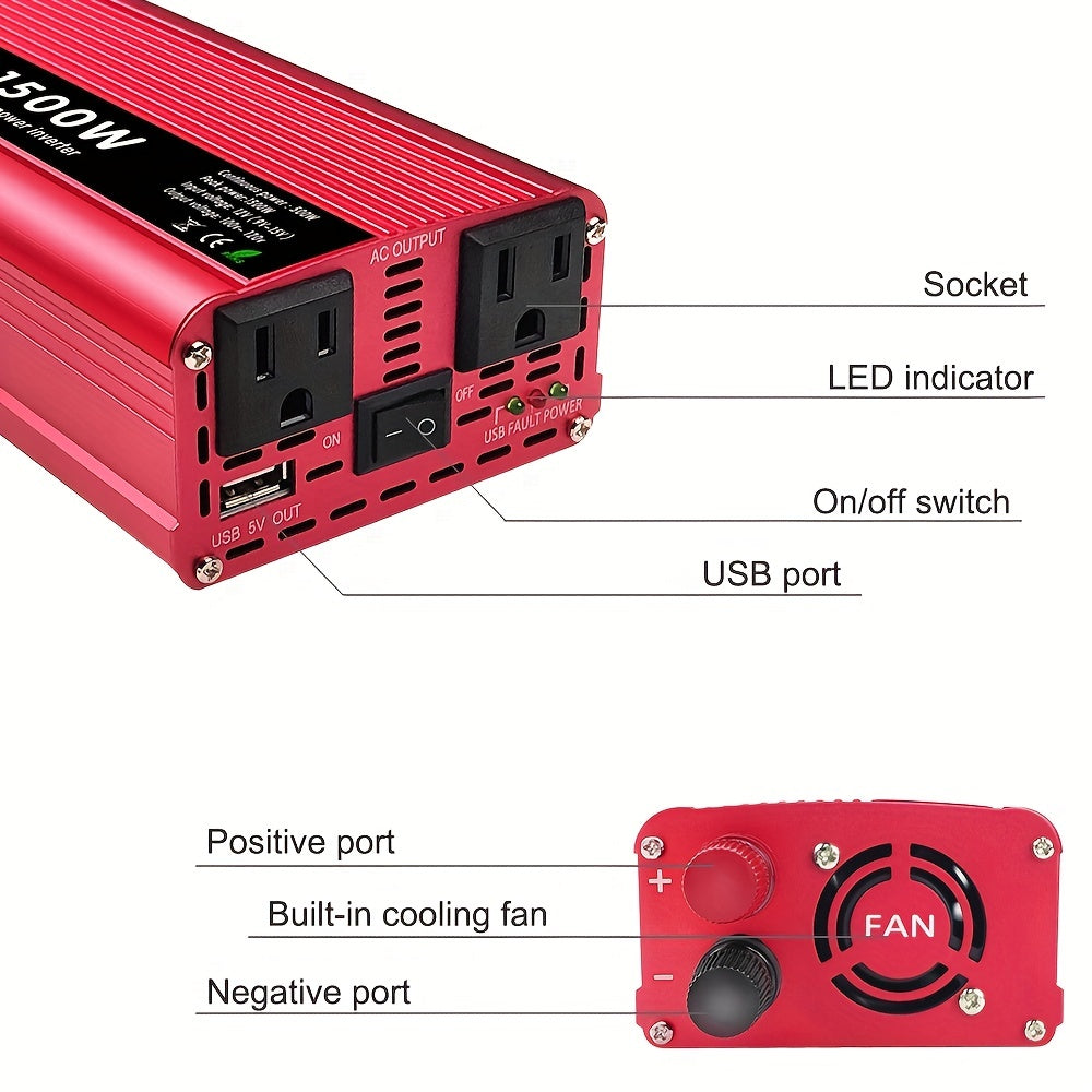 1500W Peak Car Power Inverter Converter - DC 12V to AC 110V/120V with USB Port - High-Power, Smooth Conversion, Portable for Travel Needs