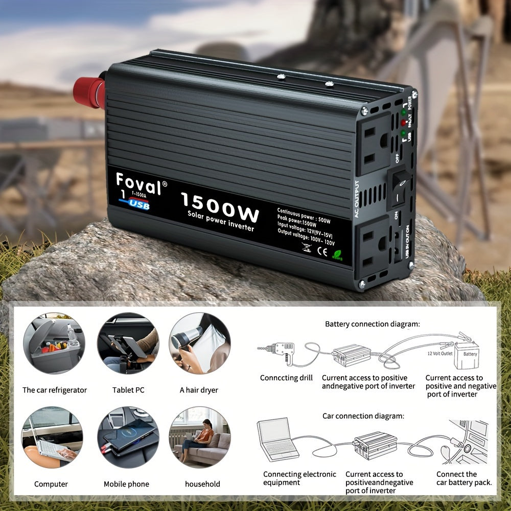 1500W Peak Car Power Inverter Converter - DC 12V to AC 110V/120V with USB Port - High-Power, Smooth Conversion, Portable for Travel Needs