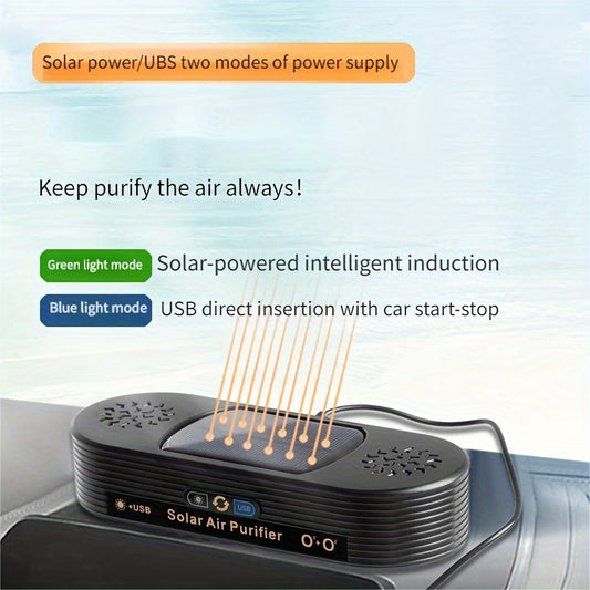 Dual-Core Solar Car Air Purifier with USB, Portable ABS Negative Ion Air Cleaner for Smoke, Formaldehyde, VOCs & Odor Removal, ≤36V Operation with Blue Light Mode - USB & Solar Powered