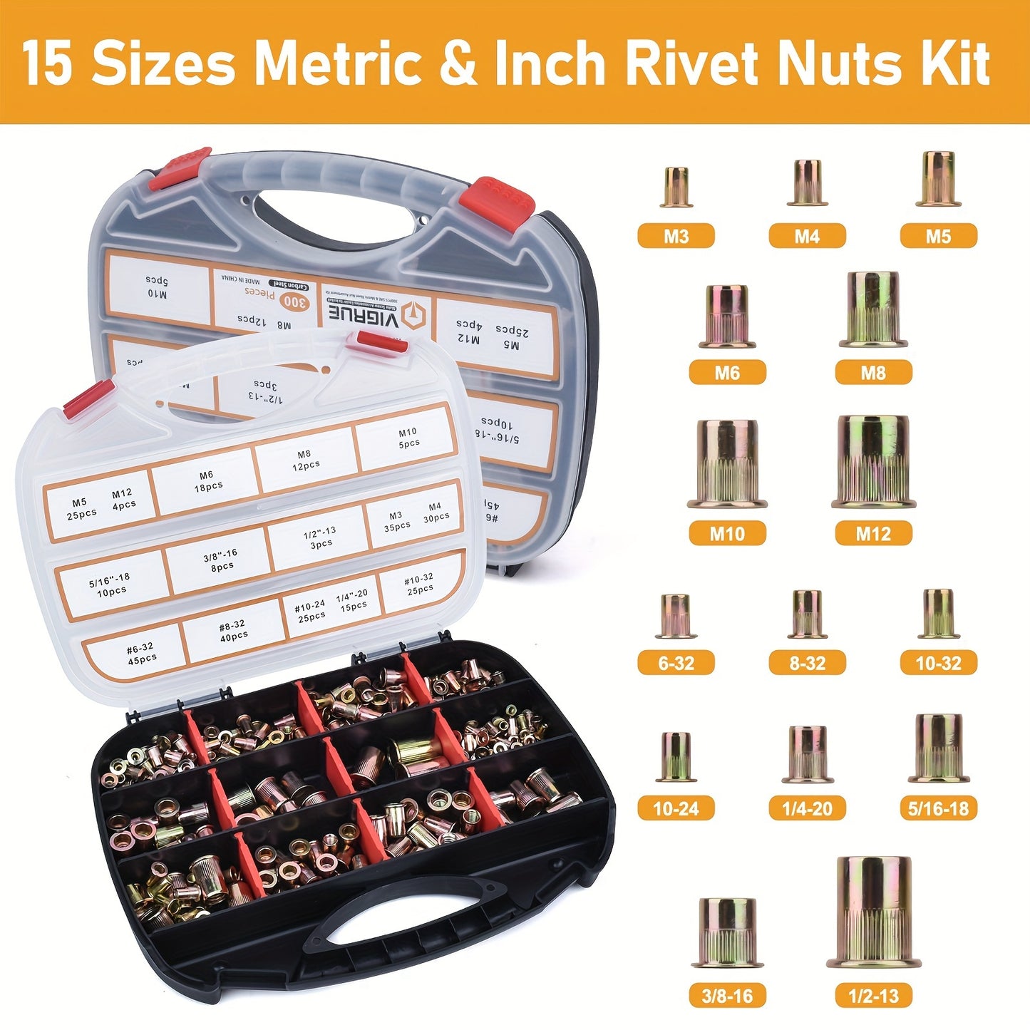 300PCS Rivet Nut Assortment Kit - VIGRUE 16 Heavy-Duty Rivet Nut Tool Set with 15PCS Metric & Inch Mandrels M3 to M12, 6-32 to 1/2-13 - Iron Construction for Durability and Long-Lasting Performance