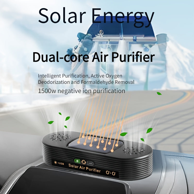 Dual-Core Solar Car Air Purifier with USB, Portable ABS Negative Ion Air Cleaner for Smoke, Formaldehyde, VOCs & Odor Removal, ≤36V Operation with Blue Light Mode - USB & Solar Powered