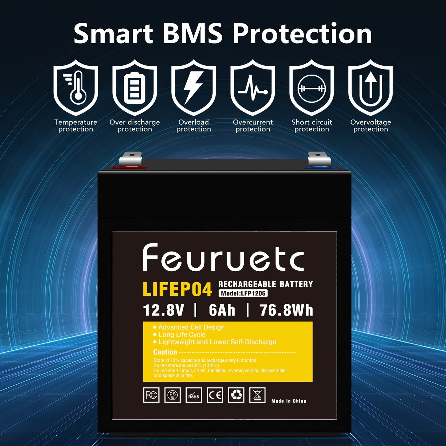 3000+ Cycle 12V 6Ah Rechargeable LiFePO4 Battery - Maintenance-Free, Built-in BMS, High-Capacity Power Source - Perfect for Camping, Fish Finders, Scooters, Security Systems, Ride-on Toys, and Backup UPS Applications