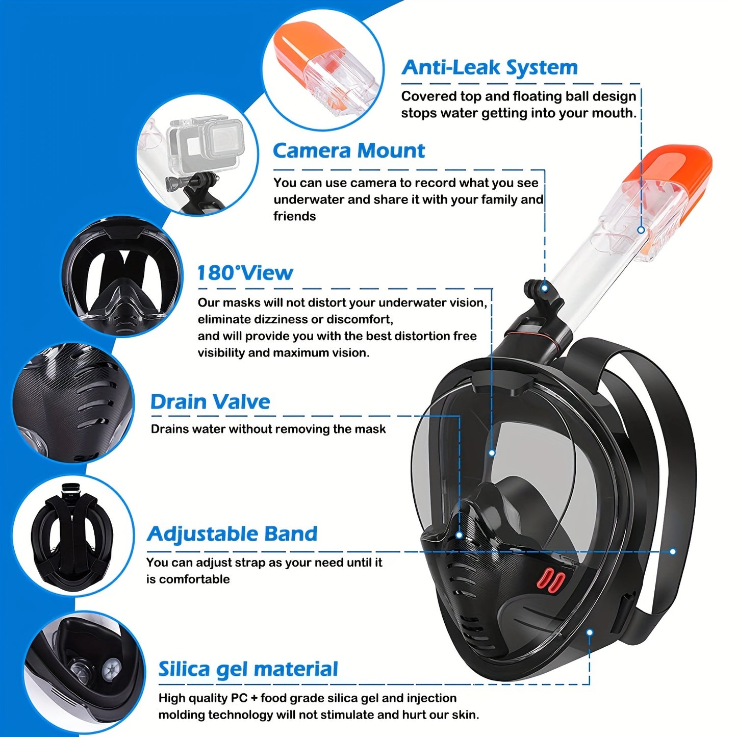 1pc Snorkel Full Face Mask - Crystal-Clear Anti-Fog Vision, Conveniently Detachable, Adjustable Straps for Comfortable Fit - Single Piece for Personal Use